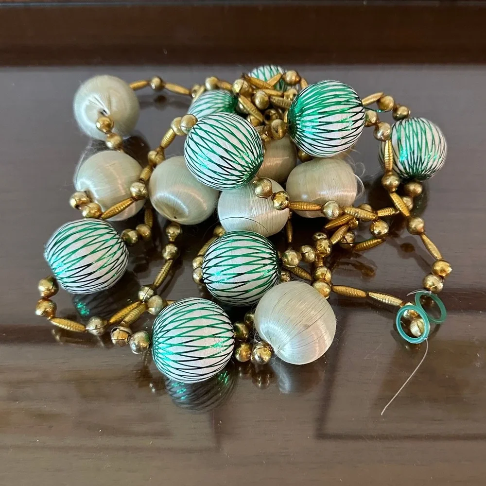 Vintage Christmas Garland Satin Silk Wrapped Balls Green Gold Beads Retro 72''